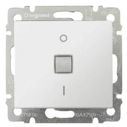 Переключатель одноклавишный двухполюсный Legrand Valena 10A 250V с подсветкой белый 774449
