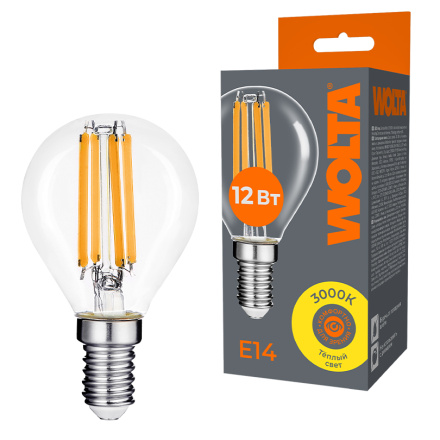 Лампа светодиодная филаментная WOLTA 12Вт 3000K Е14 шар прозрачный WF-G45-12W3KE14