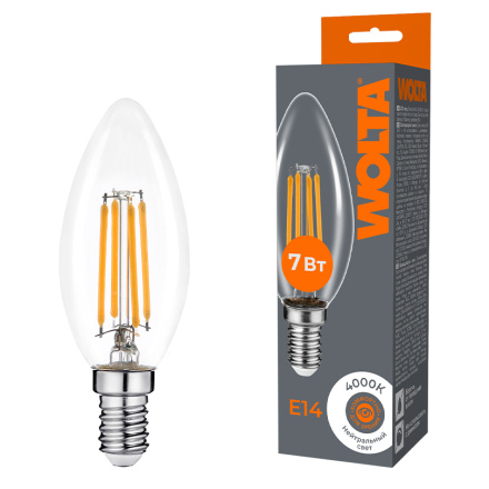 Лампа светодиодная филаментная WOLTA 7Вт 4000K Е14 свеча прозрачная WF-C35-7W4KE14