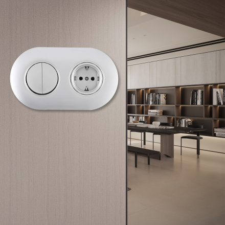 Выключатель круглый двухклавишный с розеткой с/з и шторками Arte Milano SET08-2-40-1-30-2 silver