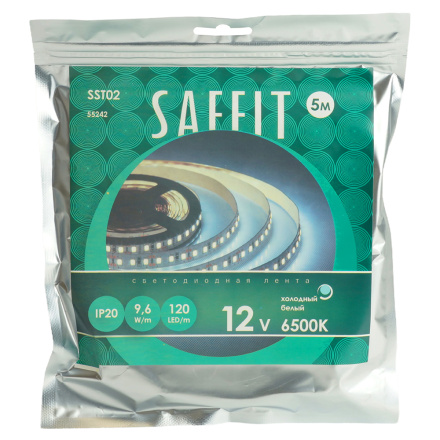 Светодиодная лента Saffit SST02 12В 9,6Вт/м 6500К 5м IP20 55242