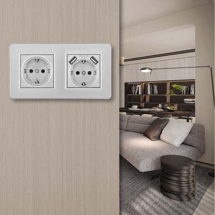 Розетка двойная (двухпостовая) с/з и шторками + USB Arte Milano SET16-2-47-1-40-1 silver