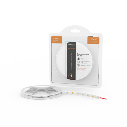 Светодиодная лента Gauss 12В 2835 4,8Вт/м 3000K 2м IP20 BT003