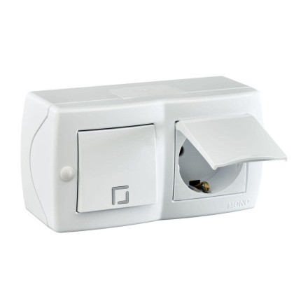 Выключатель одноклавишный + розетка с заземлением и крышкой Mono Electric Octans IP20 10А 250В белый 104-010101-183