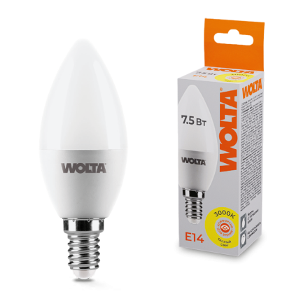 Светодиодная лампа WOLTA 7.5Вт 3000K E14 свеча матовая 25YC7.5E14