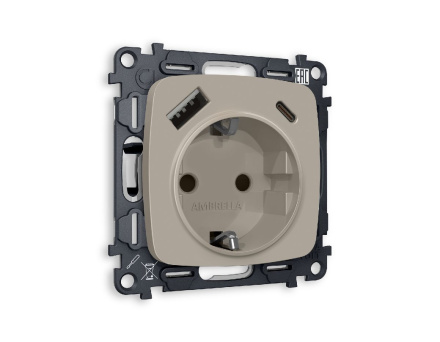 Комплект механизма розетки 2USB A+C 20W (быстрая зарядка) с/з Ambrella Volt Omega MO370010