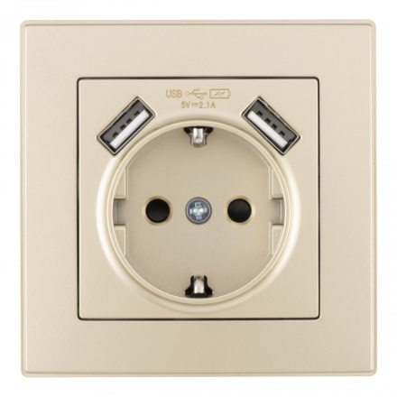 Комплект розетки с/з и шторками + USB и рамкой Arte Milano SET06-1-47-1 shampan