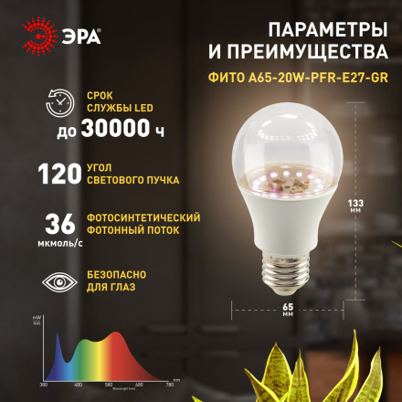 Фитолампа для растений Эра ФИТО A65-20W-PFR-E27-GR Б0068577