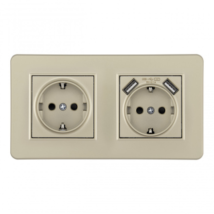 Розетка двойная (двухпостовая) с/з и шторками + USB Arte Milano SET16-2-47-1-40-1 shampan