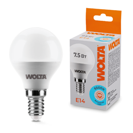 Светодиодная лампа WOLTA 7.5Вт 6500K E14 груша матовая 25W45GL7.5E14