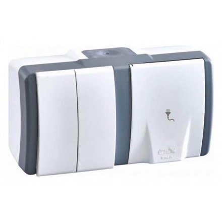 Выключатель двухклавишная + розетка с заземлением Mono Electric Octans IP54 16A 250В бело-серый 154-020001-181